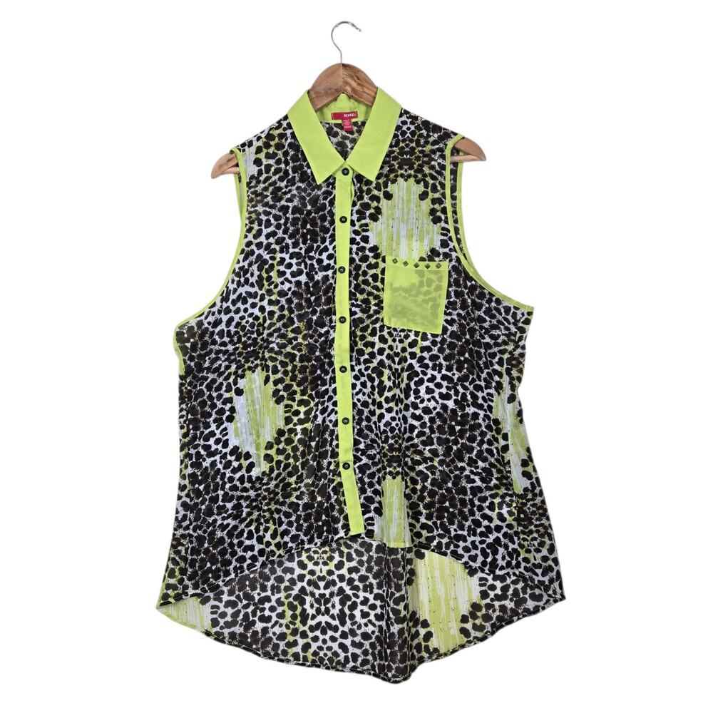 Y2K Bongo Leopard Print Sleeveless Blouse 2X Neon Citron Stud Pocket High Low